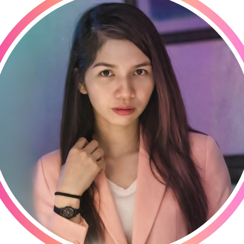 Genevieve in a pink blazer