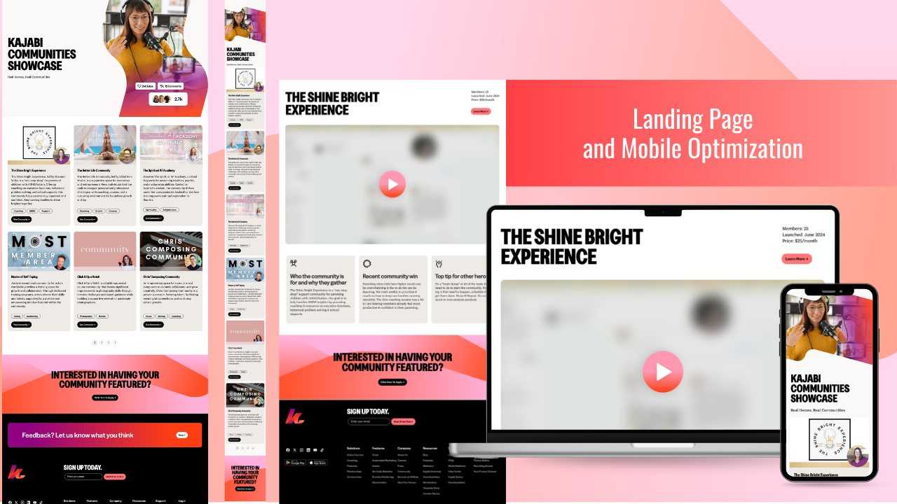 Kajabi Communities Showcase landing page on desktop and mobile